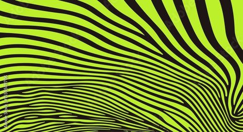 Vector illustration features abstract, wavy black lines over a vibrant lime green background. The style is optical art (op-art), which is also trending for its bold, psychedelic effect.