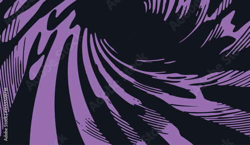 Vector illustration displays abstract, wavy black lines over a vibrant purple background. The image follows the optical art (op-art) style, which is popular for its bold, psychedelic patterns.