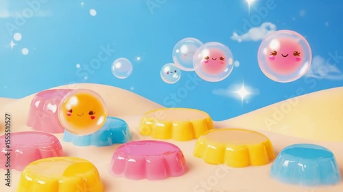 fantasy cartoon food with floating bubbles, cute jelly bubble land with smiling jelly characters and fantasy jelly bubbles in kawaii jelly world, cute jelly characters for kids’ content