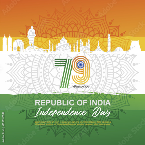 79th Independence Day India 2025 abstract vector illustration design. 79th logo, monuments and India flag background. Best for Bhaarat Svatantrata Divas or Independence Day greeting design