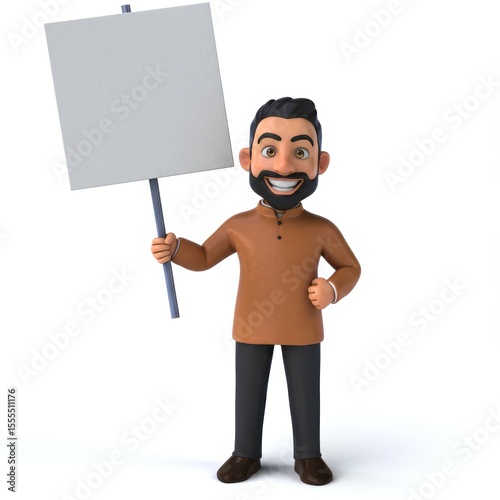 Cartoon man with beard holding blank sign wearing traditional brown shirt