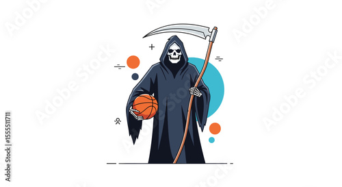 Grim Reaper Holding Basketball Ready to Slam Dunk with Stylized Circles and Dots in the Background Pixel Art Illustration