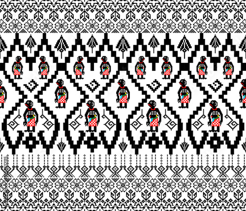 Traditional Thai shadow puppet textile pattern in pixel art style, featuring southern Thai cultural motifs and geometric borders.