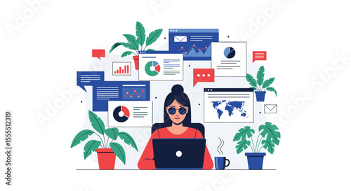 Business analytics professional woman working remotely with charts and graphs on multiple screens and plants in the office