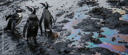 African Penguins Struggling Through Thick Oil Spill on Rocky Arctic Shoreline
