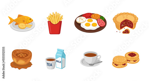 Delicious assortment of food items including breakfast lunch dinner and dessert vector illustration