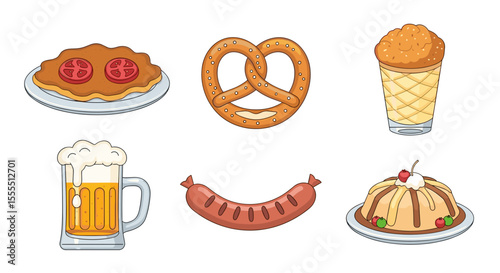 Illustration of traditional german food and drinks including beer pretzel sausage and dessert sweets