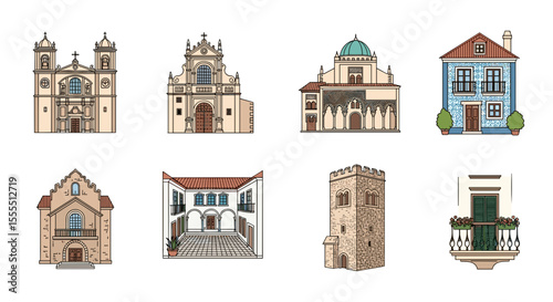 Illustration of european architecture featuring churches tower and historical buildings drawing style