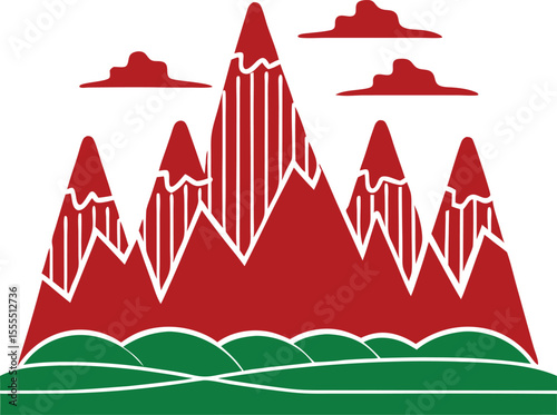 Stylized landscape illustration featuring red mountains clouds and green hill with transparency