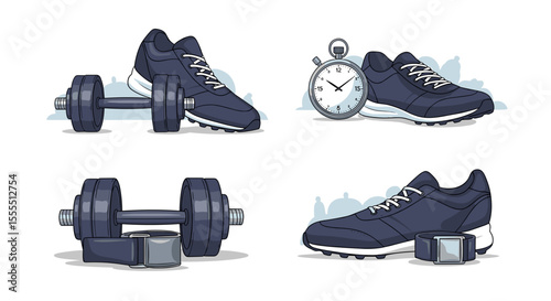 Fitness and workout equipment vector illustration featuring shoes dumbbells and stopwatch design