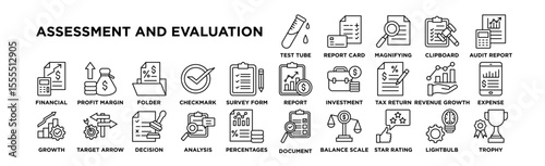 Assessment And Evaluation icon set. Editable Stroke Icon Collection. Test Tube, Report Card, Magnifying Glass, Clipboard Check, Audit Report, Financial Report, Investment Portfolio, Tax Return, Revenu