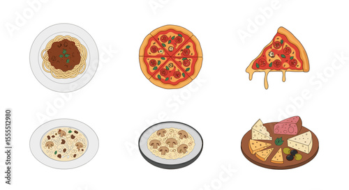 Delicious italian food illustration featuring pizza pasta and cheese board for restaurant menu design
