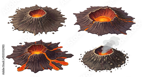 Volcano eruption stages vector illustration showing magma, lava flow, smoke and volcanic activity