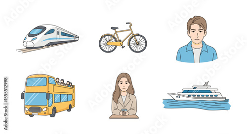 Illustration of different transportation modes including train bicycle bus boat and people characters