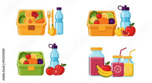 Healthy lunch box ideas for kids and adults with fruits vegetables and drinks for school and work meals