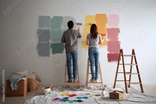 Couple painting wall with colorful samples, home renovation teamwork concept, DIY interior design project with vibrant color palette for personalizing living space
