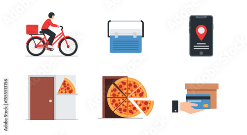 Pizza delivery service with bicycle, cooler, phone app, door, and payment options vector illustration