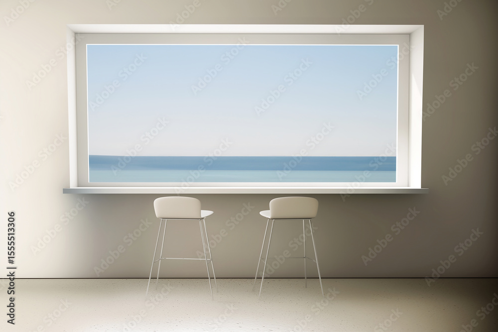 Fototapeta premium Minimalist Interior with Ocean View through Large Window and Bar Stools