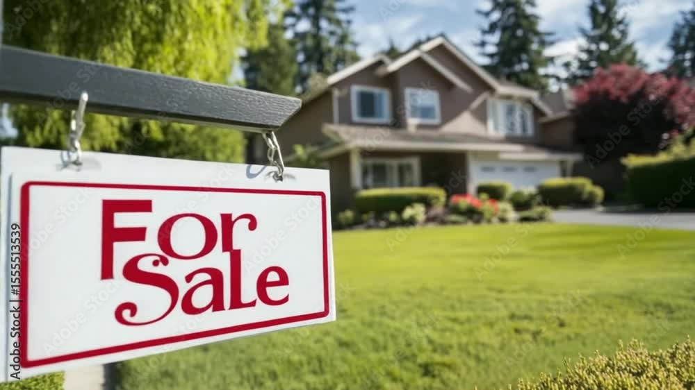 Suburban Home with For Sale Sign on Manicured Lawn Invites Buyers to Envision Homeownership Suburban Home with For Sale Sign on Manicured Lawn Invites Buyers to Envision Homeownership