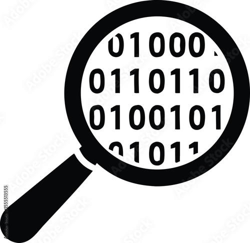 Silhouette illustration of a magnifying glass revealing binary code symbol