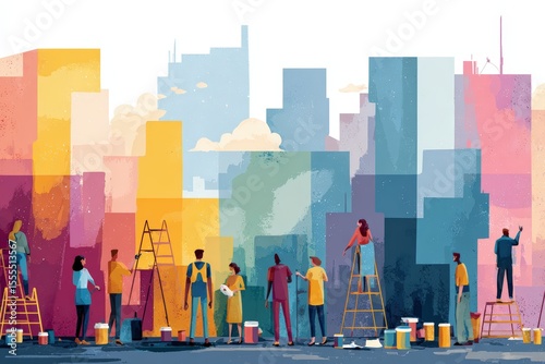 Vibrant Urban Community Mural Painting Team Transforming Cityscape with Colorful Artistic Expression and Dynamic Collaboration