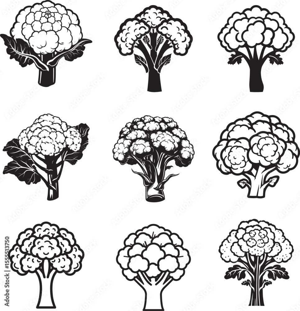 Naklejka premium Set of Cauliflower icon clean simple silhouette