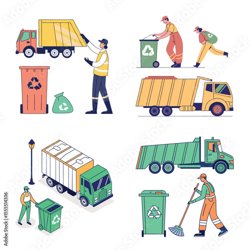 Recycling trash bin and garbage truck collection. Trash utility, disposal and recycling concept set Vector illustration