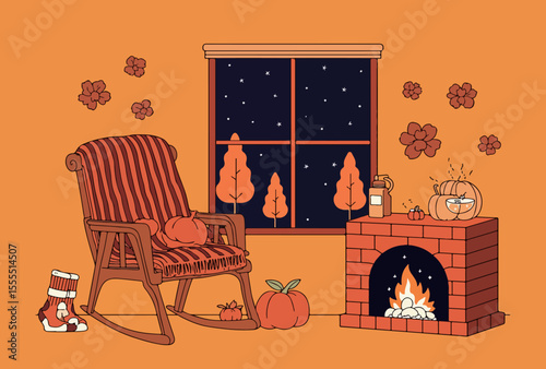 Cozy Autumnal Scene with Fireplace and Rocking Chair