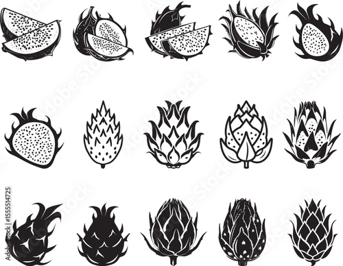 Set of Dragon Fruit slices or portion icon clean simple silhouette