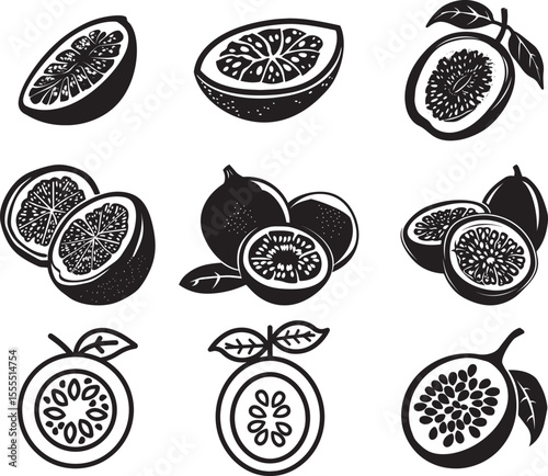 Set of Passion Fruit slices or portion icon clean simple silhouette