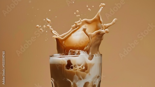 A splash of iced coffee with milk swirling captured against a soft tan backdrop.
