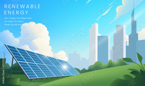 Renewable energy horizontal panel illustration contains cities and solar panels
