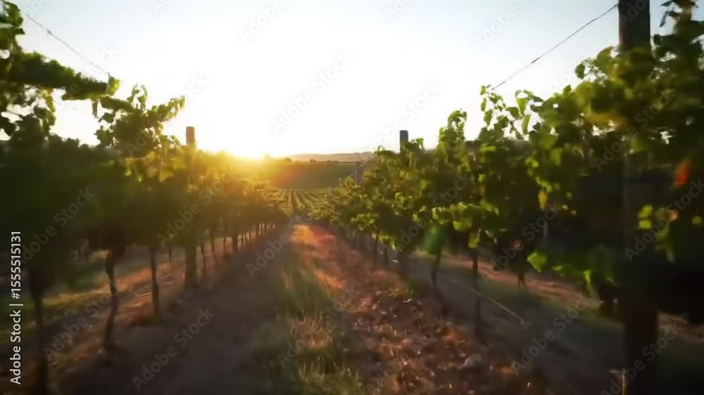Serene vineyard landscape at sunset with rows of grapevines and golden light illuminating the scene Serene vineyard landscape at sunset with rows of grapevines and golden light illuminating the scene