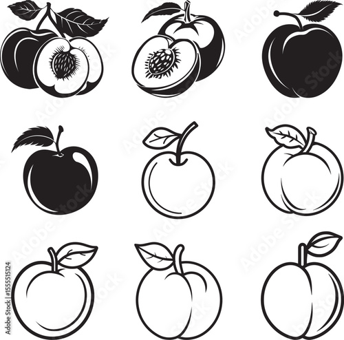 Set of Peach fruit slices icon clean simple silhouette