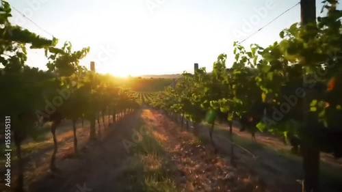 Serene vineyard landscape at sunset with rows of grapevines and golden light illuminating the scene