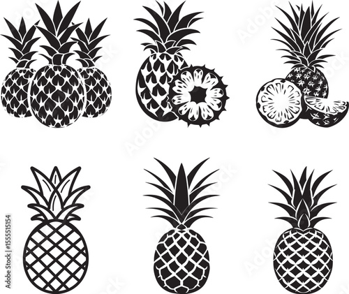 Set of Pineapple slices or portion icon clean simple silhouette