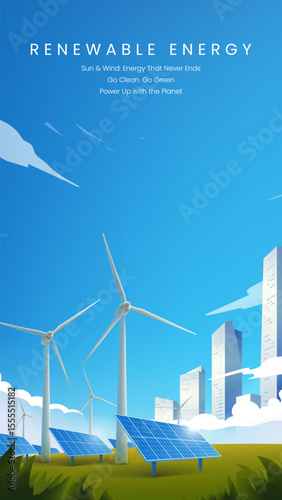 Renewable energy vertical panel illustrations include solar panels and wind turbines