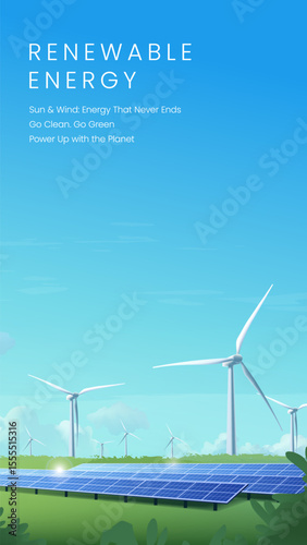 The vertical illustration of renewable energy includes solar panels and wind turbines