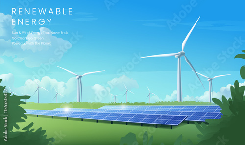 The horizontal illustration of renewable energy includes solar panels and wind turbines