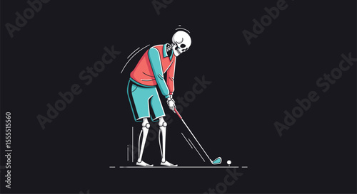 Skeleton Golfer Swinging Club at Ball on Dark Background With White Lines