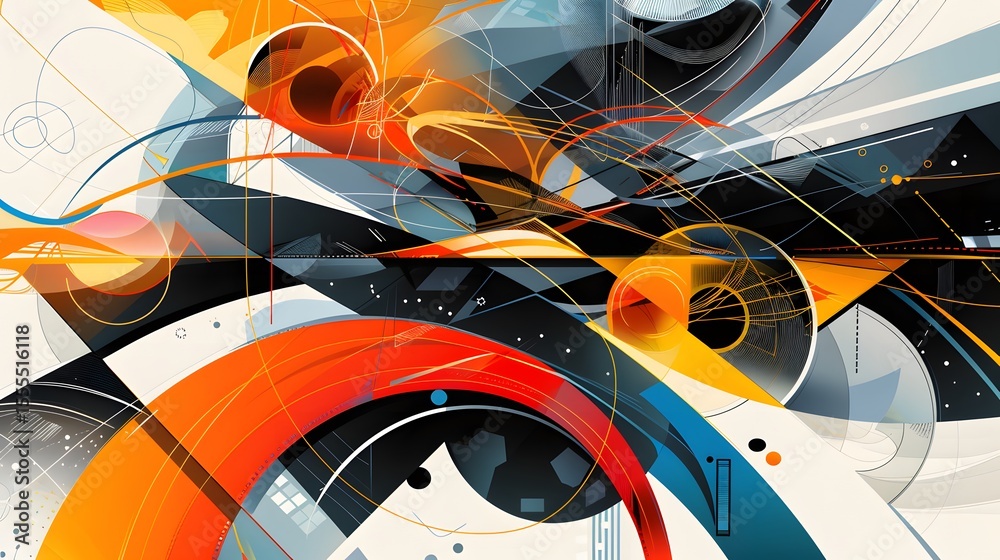 Obraz premium Abstract geometric composition with intersecting lines, vibrant colors, and dynamic light effects.
