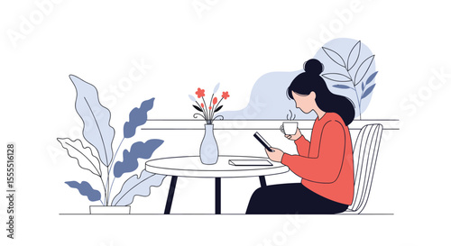 A Woman Sitting at a Table in a Cafe Enjoying a Drink While Using Her Phone Surrounded by Plants and Natural Light Creating a Relaxed Atmosphere