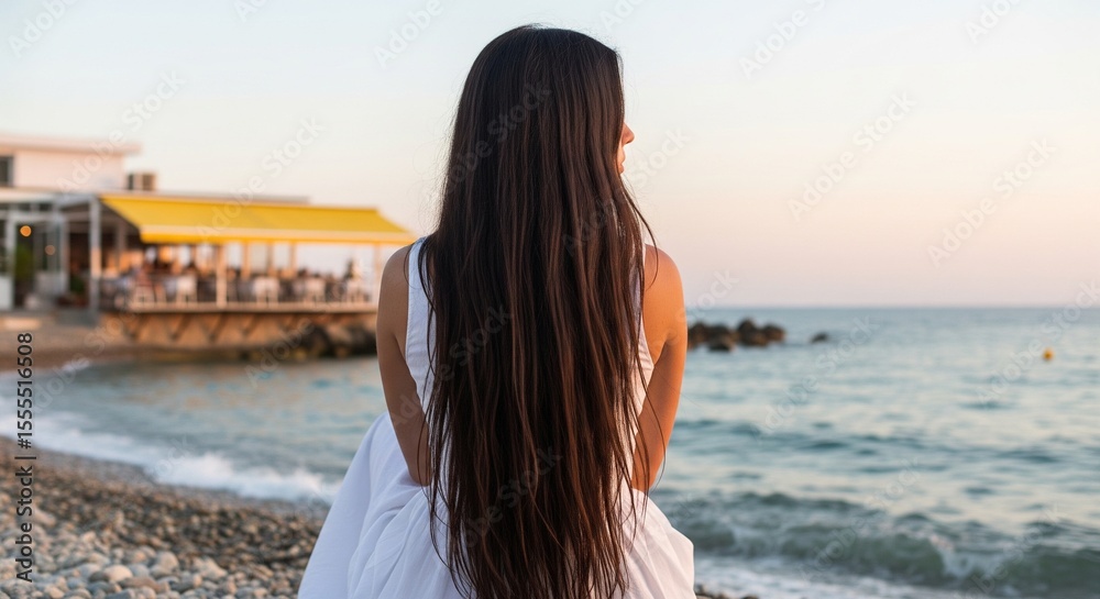 Obraz premium Woman watching ocean sunset from beach