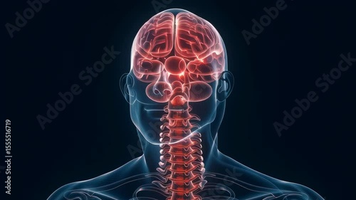 A man's brain is shown in red and blue. The brain is surrounded by a red glow, which gives the impression of a brain on fire. Concept of urgency and danger