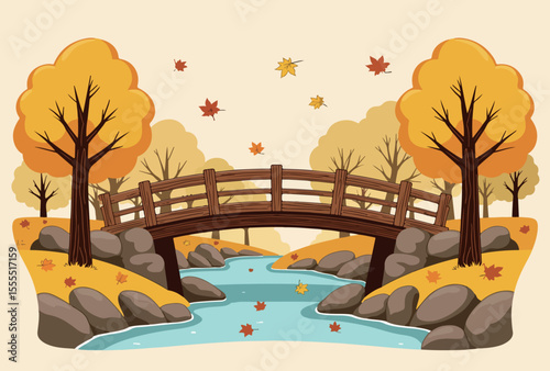 Autumn Landscape with Bridge and Falling Leaves