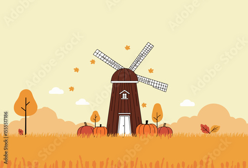 Autumn Windmill Scene with Pumpkins