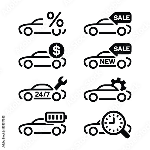 Automotive Service Icons: A comprehensive collection of stylized car icons, representing various services, from sales and maintenance to special offers and features.