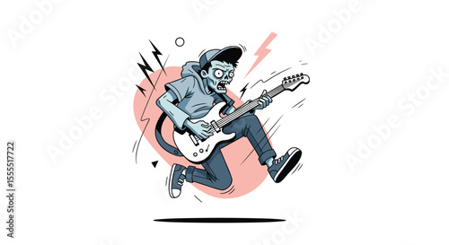 Energetic illustration of a person energetically playing an electric guitar in a dynamic pose