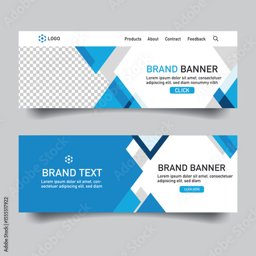 Modern abstract banner templates with geometric blue shapes and placeholders for logo and text, ideal for website headers.
