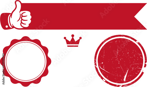 Red graphic elements for design including ribbon thumb up crown and circle stamp vector illustration editable stock vector